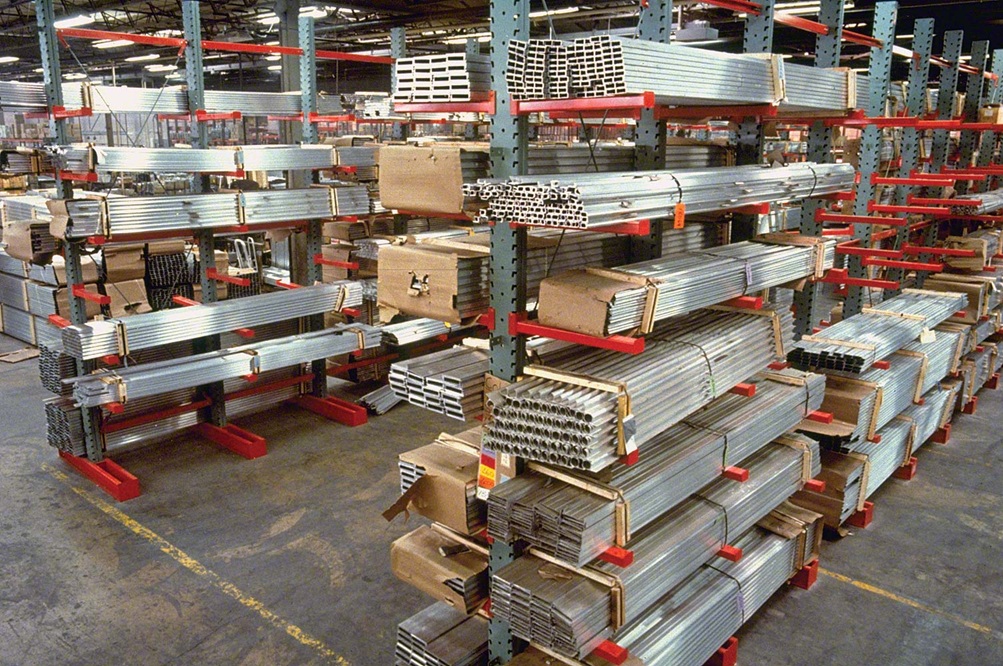 Cantilever rack storing lumber and wood products
